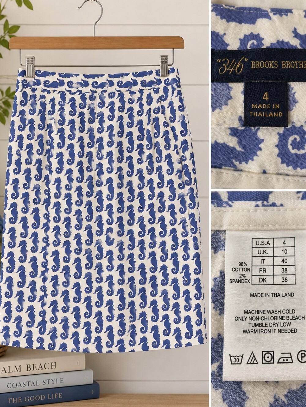 Brooks Brothers '346' Blue and White Seahorse Print Cotton Skirt - Size 4